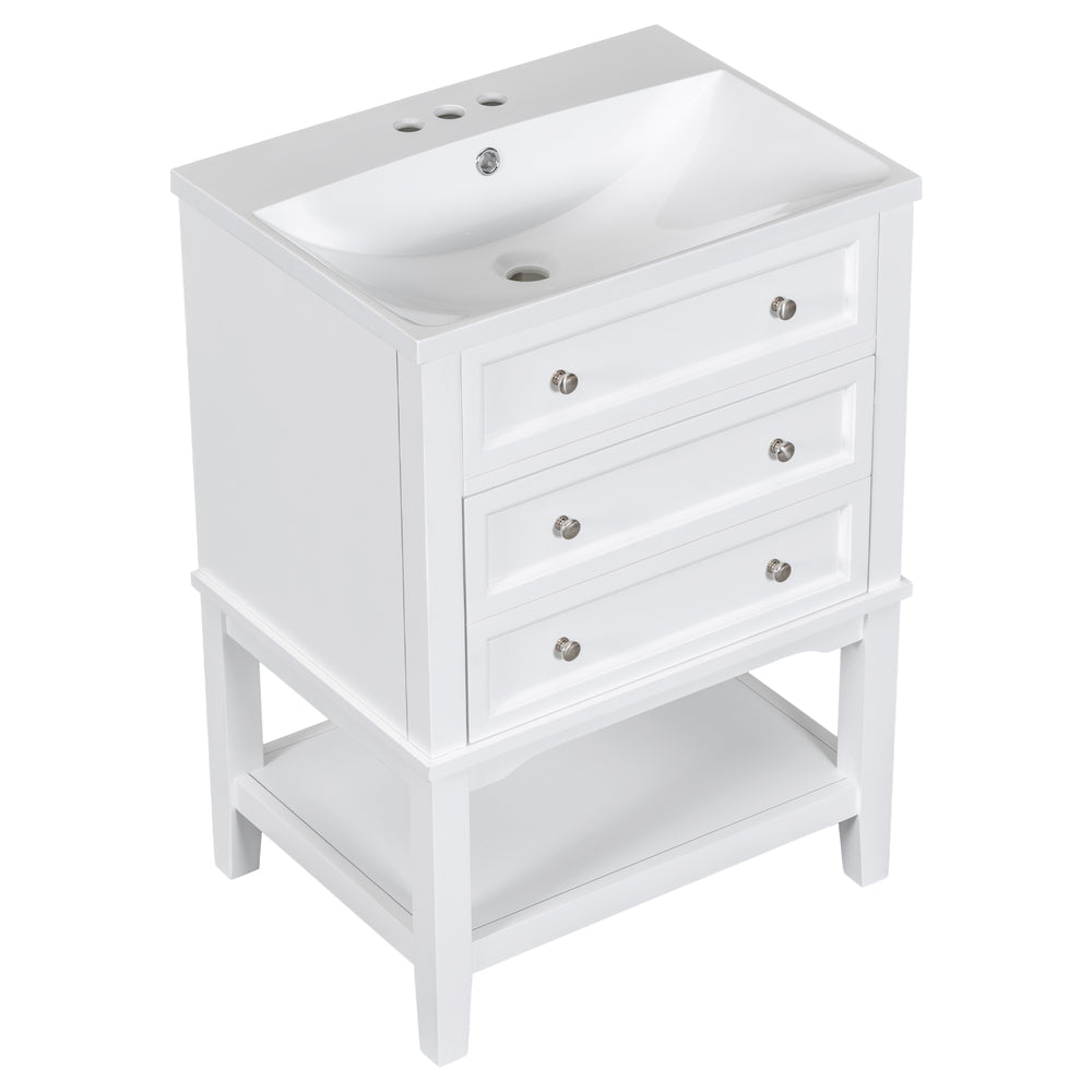 English Elm 24" Modern Bathroom Vanity with Ceramic Sink, Solid Wood Frame, Drawer & Open Shelf, White Finish SY999991AAK