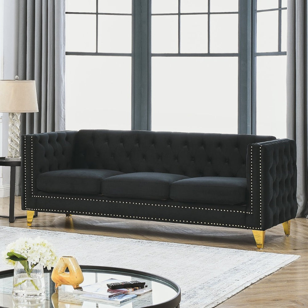 English Elm {Contact} Elegant Black Velvet Sofa For Living Room, 3-Person Tufted Couch With Metal Legs & Style W834S00122-GIGA