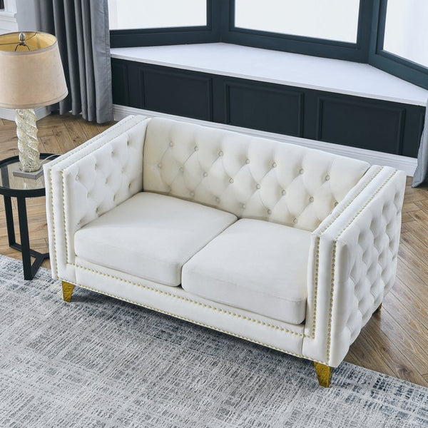 English Elm {contact Us for Tufted Velvet Two Seat Sofa with Nailhead Trim and Polished Metal Legs Beige W834S00573
