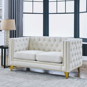 English Elm {contact Us for Tufted Velvet Two Seat Sofa with Nailhead Trim and Polished Metal Legs Beige W834S00573