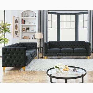 English Elm {Contact} Luxurious Black Velvet Chesterfield Sofa With Button Tufting & Metal Legs For Modern Living Rooms W834S00161-GIGA