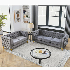 English Elm 3-Seater Elegant Grey Velvet Combination Sofa Set For Modern Living Spaces, Plush Comfort & Style W834S00159