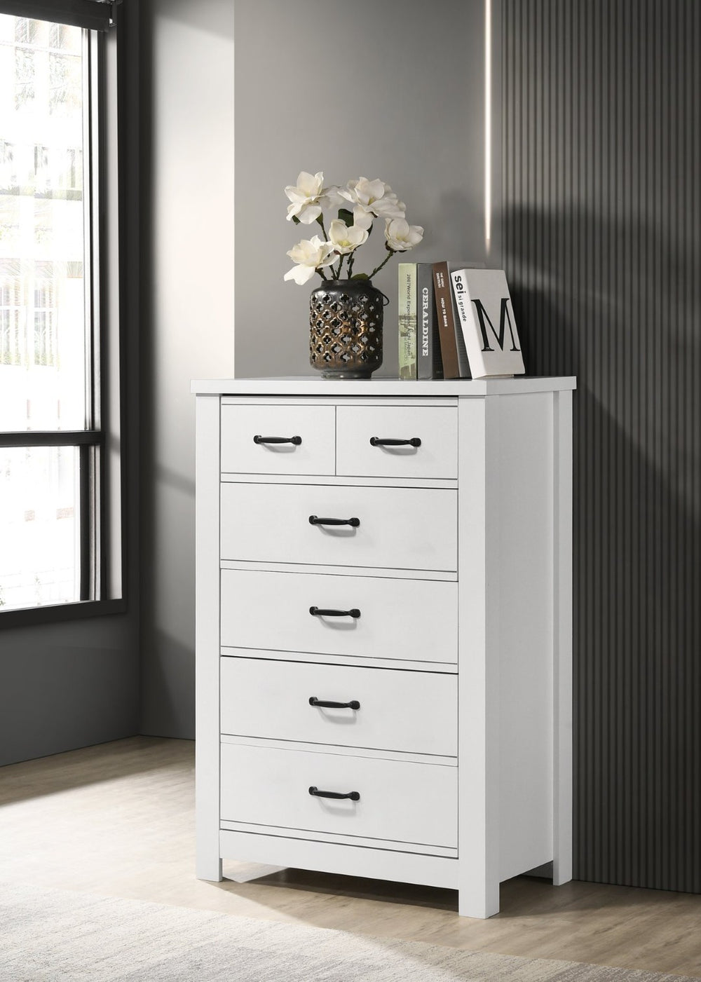 English Elm Cassini White Five Drawer Chest with Black Handles for Bedroom or Nursery Storage B061125422