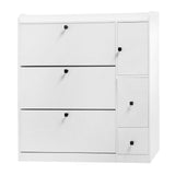 English Elm Versatile Tipping Bucket Shoe Cabinet With 3 Flip Drawers, Maximum Storage Entryway Organizer With Drawer, Free Standing Shoe Rack With Pull-Down Seat For Hallway, White