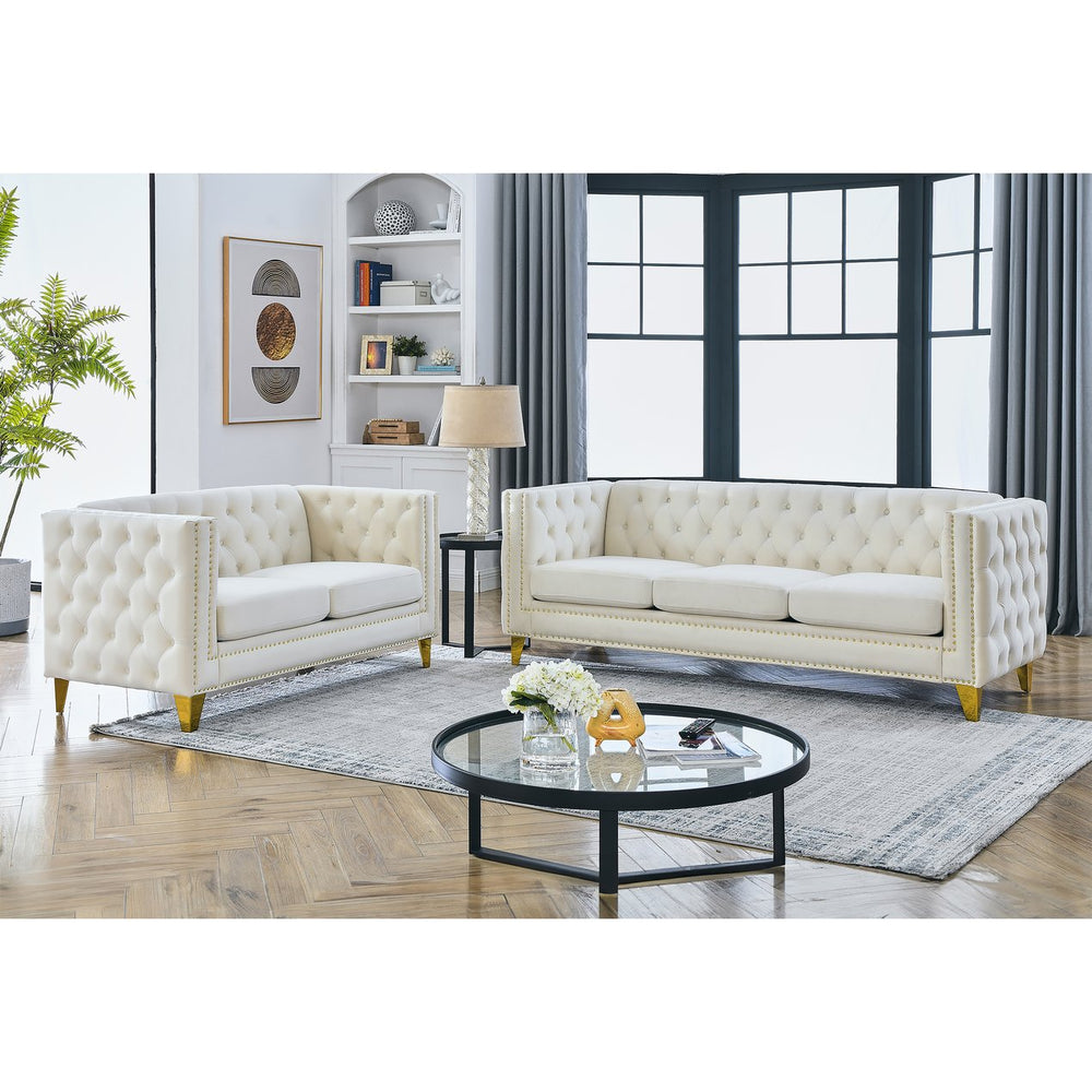 English Elm 3-Seater Elegant Beige Velvet Sofa Set - Modern 2-Seater & 3-Seater Combo For Stylish Living Rooms W834S00158