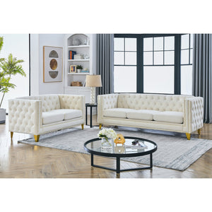 English Elm 3-Seater Elegant Beige Velvet Sofa Set - Modern 2-Seater & 3-Seater Combo For Stylish Living Rooms W834S00158