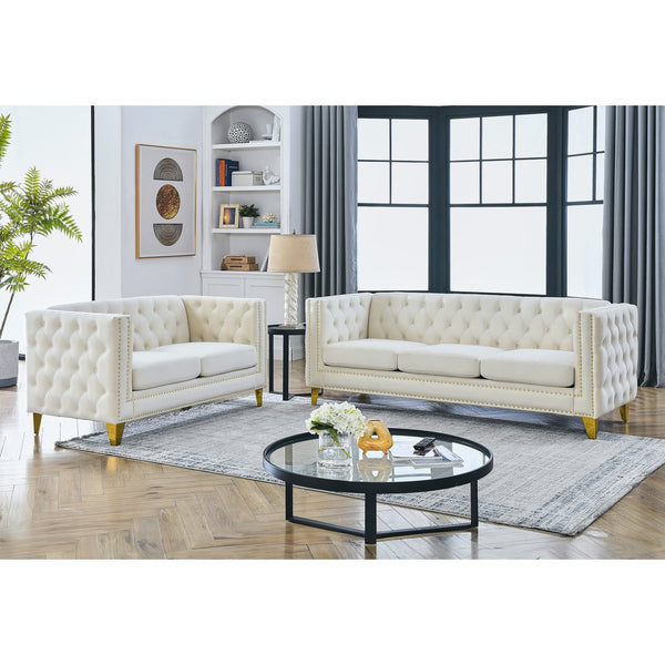 English Elm 3-Seater Elegant Beige Velvet Sofa Set - Modern 2-Seater & 3-Seater Combo For Stylish Living Rooms W834S00158
