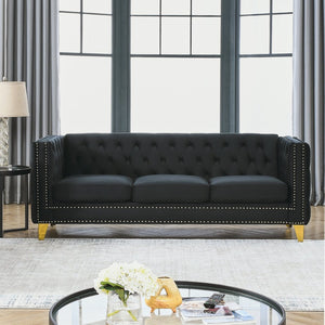 English Elm {Contact} Elegant Black Velvet Sofa For Living Room, 3-Person Tufted Couch With Metal Legs & Style W834S00122-GIGA
