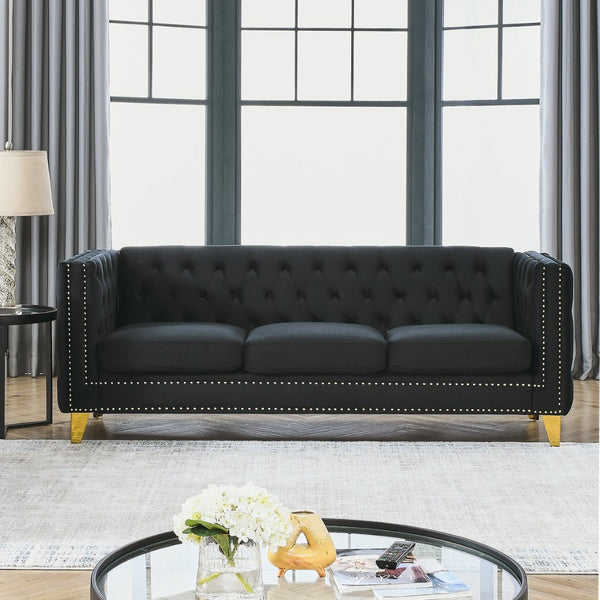 English Elm {contact Us for 3d Modeling} Grey Velvet Chesterfield Sofa Tufted Button Arms Copper Nailhead Black W834S00569