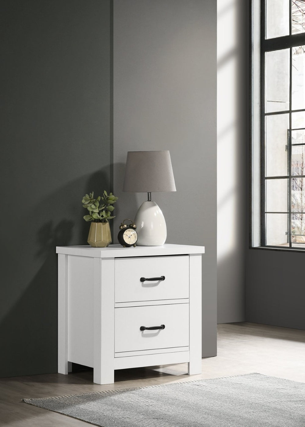 English Elm Cassini Two Drawer Nightstand White Finish Black Hardware Minimal Bedroom Storage B061125423