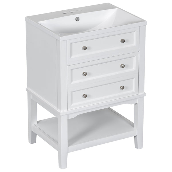 English Elm 24" Modern Bathroom Vanity with Ceramic Sink, Solid Wood Frame, Drawer & Open Shelf, White Finish SY999991AAK