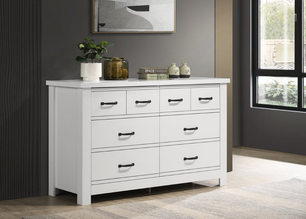 English Elm Cassini Six Drawer White Dresser with Black Handles for Modern Bedroom Storage B061125421
