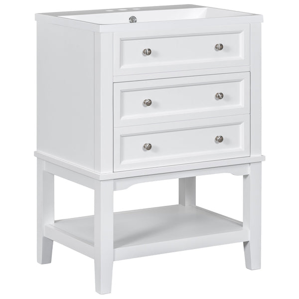 English Elm 24" Bathroom Vanity with Sink Solid Wood Frame White | Modern 1-Drawer Cabinet & Open Shelf, Ceramic Top N725P246479K