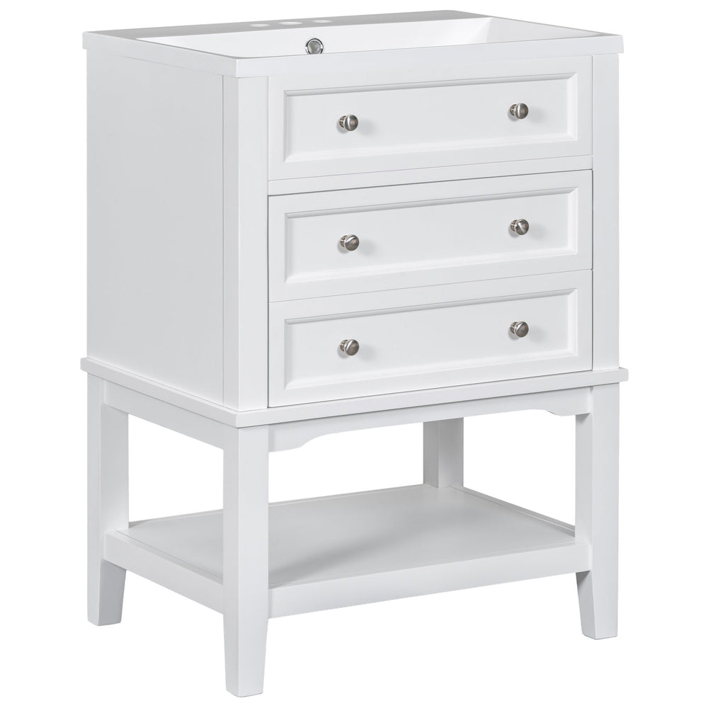 English Elm 24" Modern Bathroom Vanity with Ceramic Sink, Solid Wood Frame, Drawer & Open Shelf, White Finish SY999991AAK