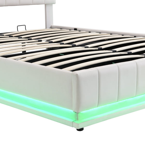 English Elm Queen Upholstered Platform Bed with Hydraulic Storage, RGB LED Sensor Lights, USB Sockets & Modern Design White SF000032AAK