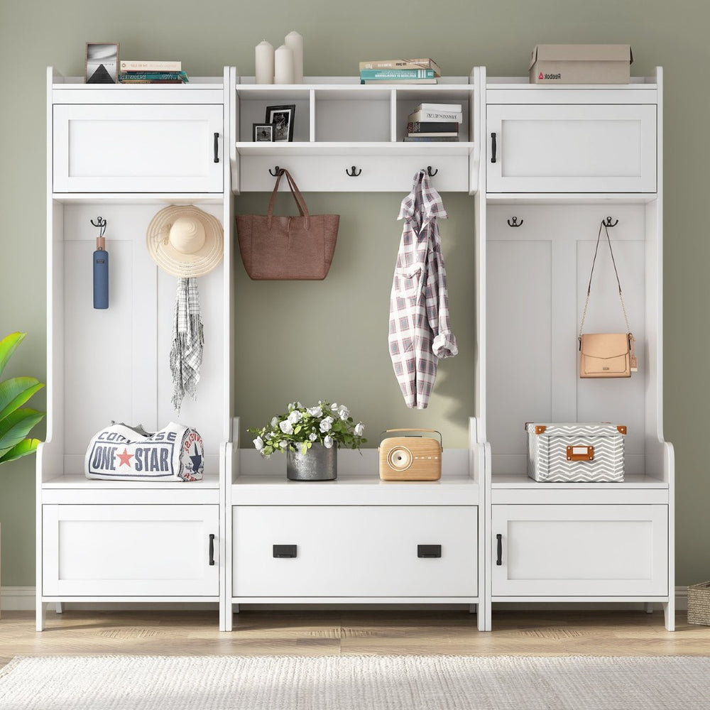 English Elm On-trend Modular White Hall Tree with Seven Hooks Storage Bench and Cabinet Doors SD000019AAK