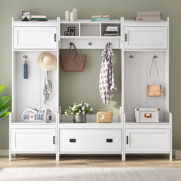 English Elm On-trend Modular White Hall Tree with Seven Hooks Storage Bench and Cabinet Doors SD000019AAK