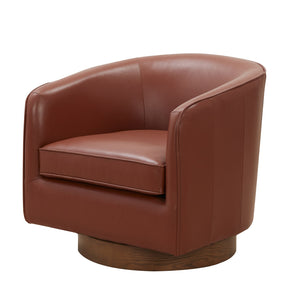 English Elm Tessa Caramel Top Grain Leather Swivel Chair with Wooden 360° Base, Pocket Coil Seat, Barrel Design B050125414