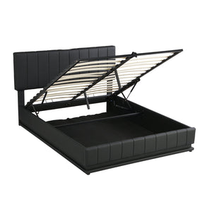 English Elm Queen Upholstered Platform Bed with Hydraulic Storage, RGB LED Sensor Lights, USB Sockets & Modern Design Black SF000032AAB