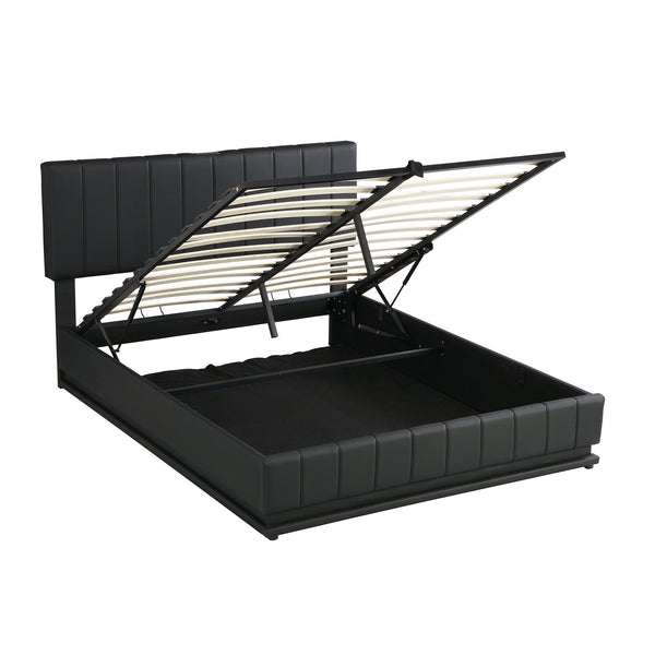 English Elm Queen Upholstered Platform Bed with Hydraulic Storage, RGB LED Sensor Lights, USB Sockets & Modern Design Black SF000032AAB