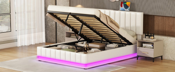 English Elm Queen Upholstered Platform Bed with Hydraulic Storage, RGB LED Sensor Lights, USB Sockets & Modern Design White SF000032AAK