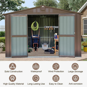 English Elm Outdoor Galvanized Steel Storage Shed 10x8 Lockable Double Door Backyard Organizer W1859S00040