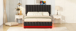English Elm Full Upholstered Platform Bed with Hydraulic Storage, RGB LED Sensor Lights, USB Sockets, Modern Chic Black SF000031AAB