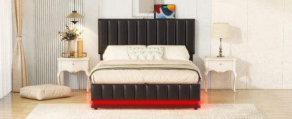 English Elm Full Upholstered Platform Bed with Hydraulic Storage, RGB LED Sensor Lights, USB Sockets, Modern Chic Black SF000031AAB