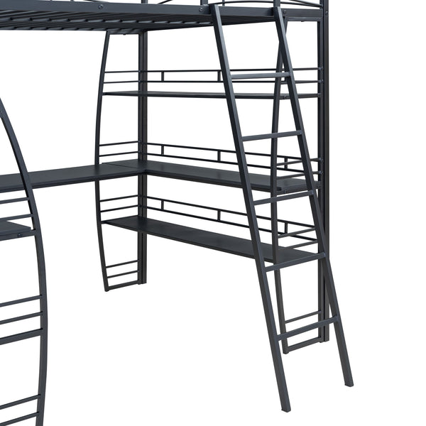 English Elm Full Loft Bed with L-Shaped Desk, 4-Tier Shelving, Metal Guardrails, USB Ports, Wireless Charging, Modern Dorm Room Solution Black SF000021AAB