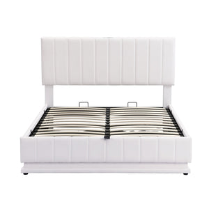 English Elm Full Upholstered Platform Bed with Hydraulic Storage, RGB LED Sensor Lights, USB Sockets, Modern Chic White SF000031AAK