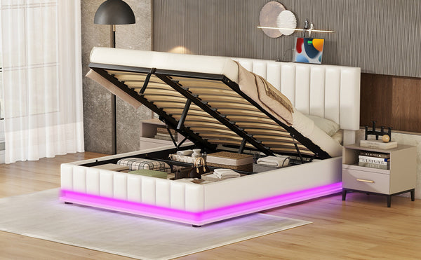 English Elm Queen Upholstered Platform Bed with Hydraulic Storage, RGB LED Sensor Lights, USB Sockets & Modern Design White SF000032AAK