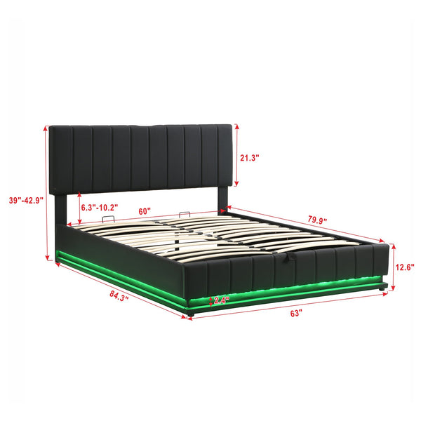 English Elm Queen Upholstered Platform Bed with Hydraulic Storage, RGB LED Sensor Lights, USB Sockets & Modern Design Black SF000032AAB