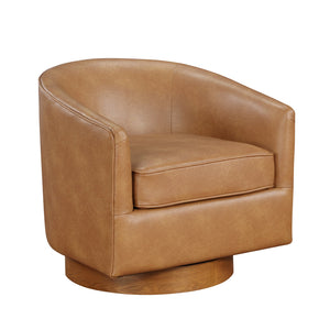 English Elm Maisy Brown Saddle Faux Leather Barrel Swivel Chair with Wood Base, 360° Swivel, Pocket Coil Comfort B050125447