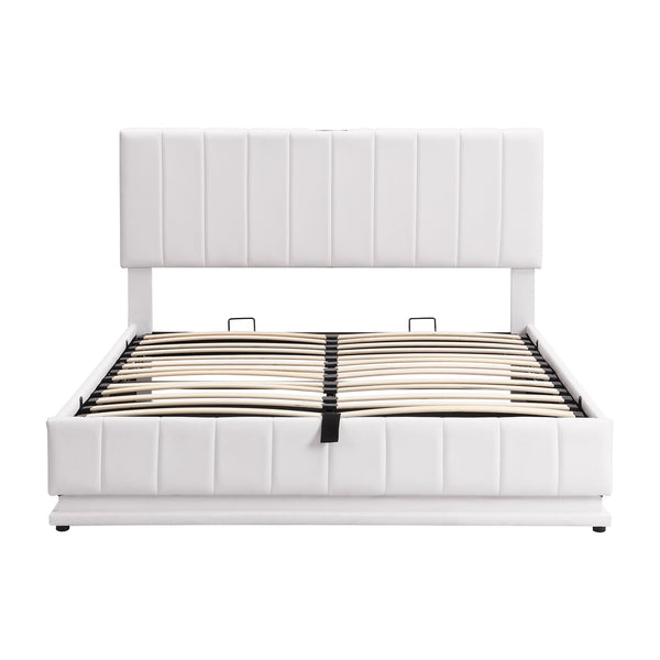 English Elm Queen Upholstered Platform Bed with Hydraulic Storage, RGB LED Sensor Lights, USB Sockets & Modern Design White SF000032AAK