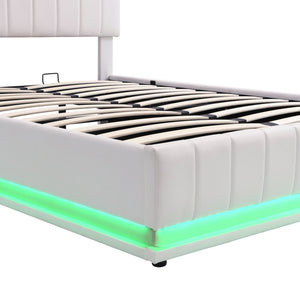 English Elm Full Upholstered Platform Bed with Hydraulic Storage, RGB LED Sensor Lights, USB Sockets, Modern Chic White SF000031AAK