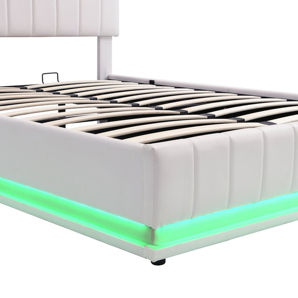 English Elm Full Upholstered Platform Bed with Hydraulic Storage, RGB LED Sensor Lights, USB Sockets, Modern Chic White SF000031AAK