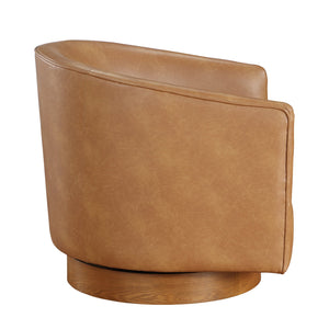 English Elm Maisy Brown Saddle Faux Leather Barrel Swivel Chair with Wood Base, 360° Swivel, Pocket Coil Comfort B050125447