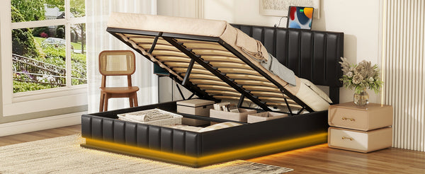 English Elm Queen Upholstered Platform Bed with Hydraulic Storage, RGB LED Sensor Lights, USB Sockets & Modern Design Black SF000032AAB