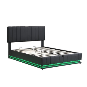 English Elm Full Upholstered Platform Bed with Hydraulic Storage, RGB LED Sensor Lights, USB Sockets, Modern Chic Black SF000031AAB
