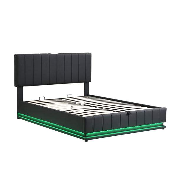 English Elm Full Upholstered Platform Bed with Hydraulic Storage, RGB LED Sensor Lights, USB Sockets, Modern Chic Black SF000031AAB