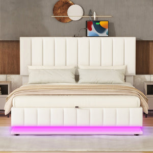 English Elm Queen Upholstered Platform Bed with Hydraulic Storage, RGB LED Sensor Lights, USB Sockets & Modern Design White SF000032AAK