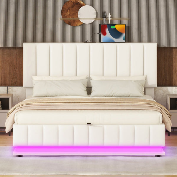 English Elm Queen Upholstered Platform Bed with Hydraulic Storage, RGB LED Sensor Lights, USB Sockets & Modern Design White SF000032AAK