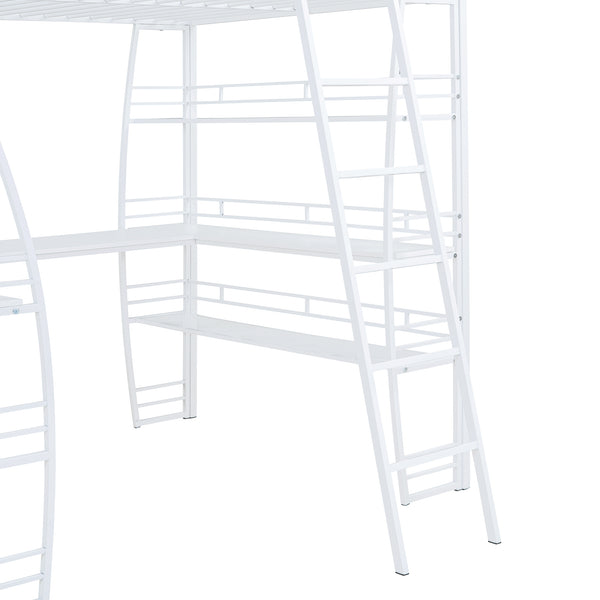 English Elm Full Loft Bed with L-Shaped Desk, 4-Tier Shelving, Metal Guardrails, USB Ports, Wireless Charging, Modern Dorm Room Solution White SF000021AAK