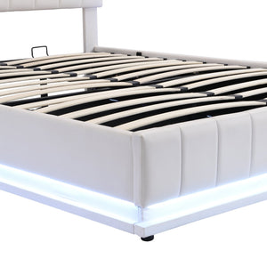 English Elm Queen Upholstered Platform Bed with Hydraulic Storage, RGB LED Sensor Lights, USB Sockets & Modern Design White SF000032AAK