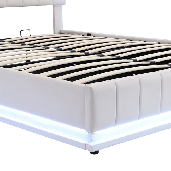 English Elm Queen Upholstered Platform Bed with Hydraulic Storage, RGB LED Sensor Lights, USB Sockets & Modern Design White SF000032AAK