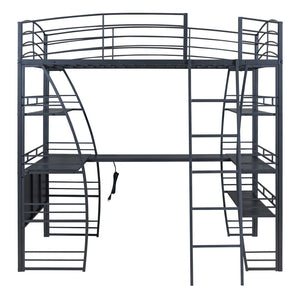 English Elm Full Loft Bed with L-Shaped Desk, 4-Tier Shelving, Metal Guardrails, USB Ports, Wireless Charging, Modern Dorm Room Solution Black SF000021AAB