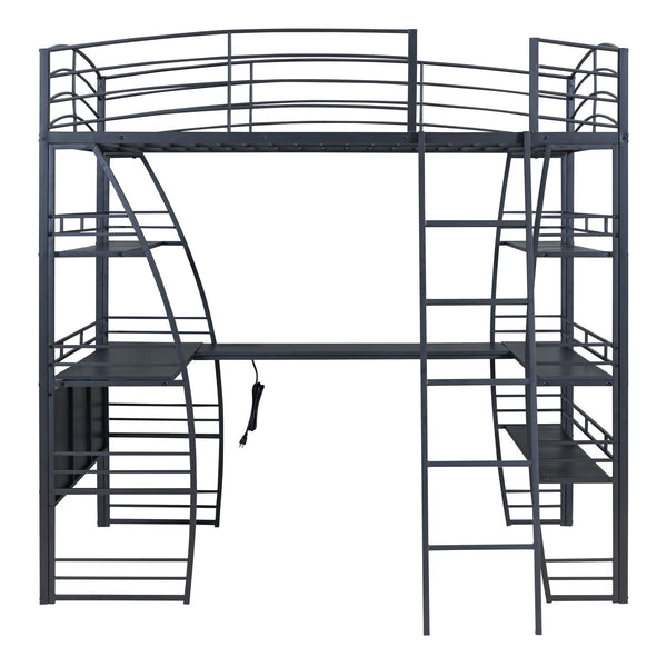 English Elm Full Loft Bed with L-Shaped Desk, 4-Tier Shelving, Metal Guardrails, USB Ports, Wireless Charging, Modern Dorm Room Solution Black SF000021AAB