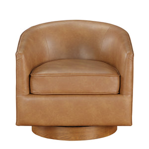 English Elm Maisy Brown Saddle Faux Leather Barrel Swivel Chair with Wood Base, 360° Swivel, Pocket Coil Comfort B050125447
