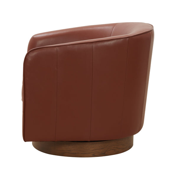 English Elm Tessa Caramel Top Grain Leather Swivel Chair with Wooden 360° Base, Pocket Coil Seat, Barrel Design B050125414