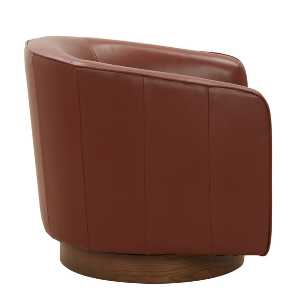 English Elm Tessa Caramel Top Grain Leather Swivel Chair with Wooden 360° Base, Pocket Coil Seat, Barrel Design B050125414